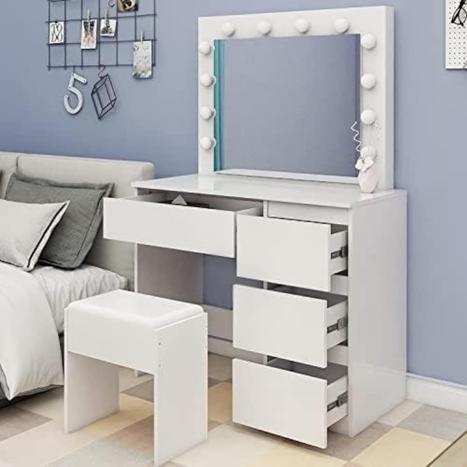 image 1 of Dressing Table with Mirror and Stool Makeup Vanity LED Bulbs Mirror Hollywood Table | White | L94 x W42 x H140 cm