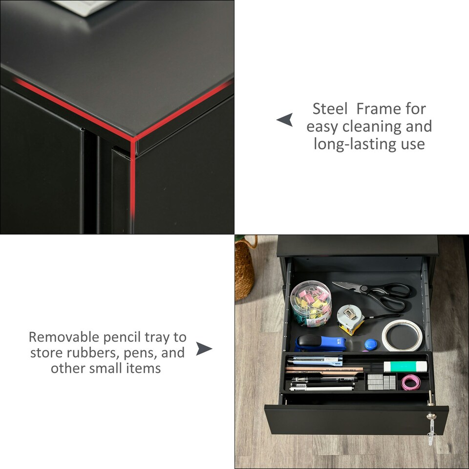 image 1 of Vinsetto Mobile File Cabinet Steel Lockable w/ Pencil Tray for A4, Letters Black