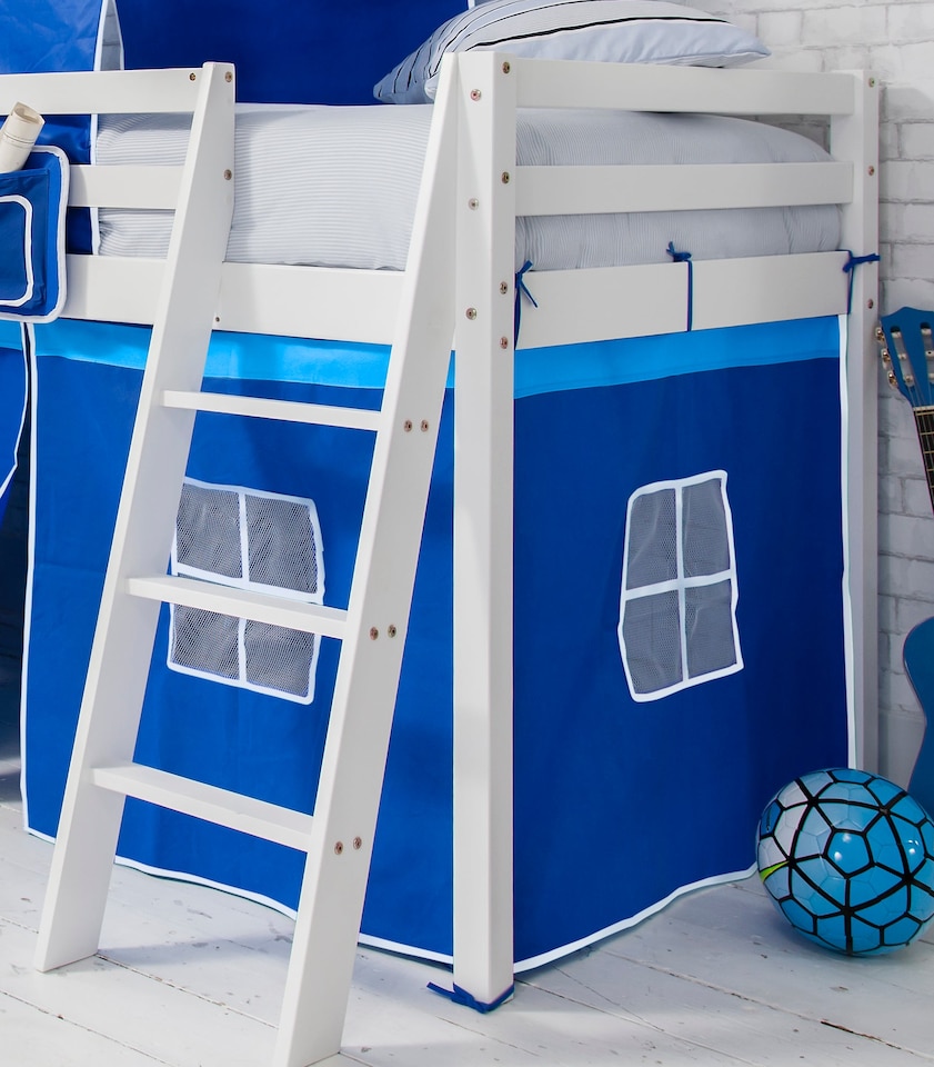 image 1 of Moro Cabin Bed with Slide and Brilliant Blue Cotton Tent, Tower & Tunnel in White