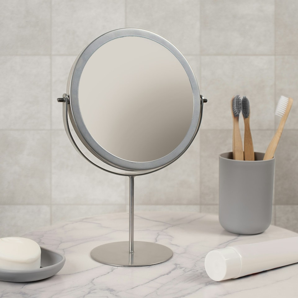 image 1 of OHS Round Freestanding Table Top Stainless Steel Bathroom Vanity Mirror, 27x19cm - Silver