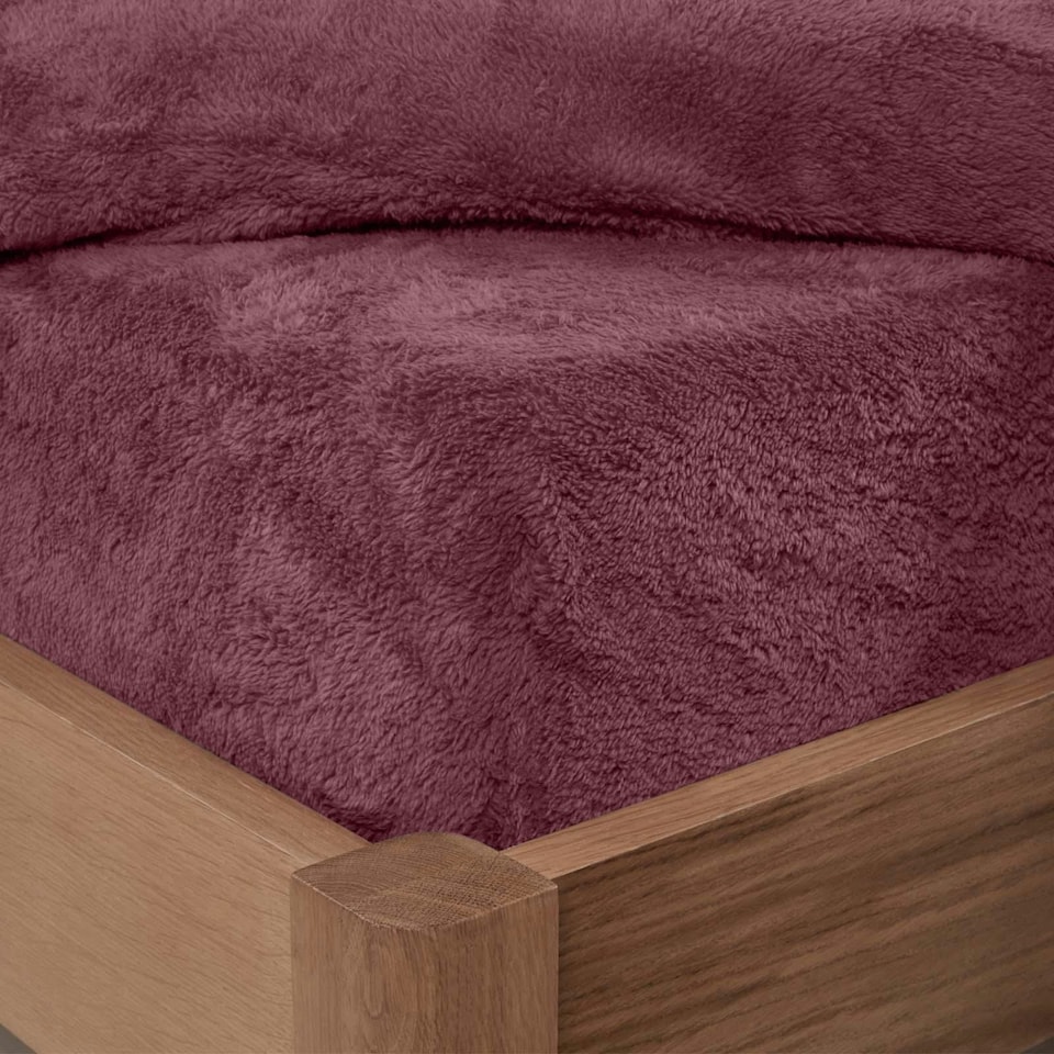 OHS 25cm Deep Soft Warm Thermal Teddy Fleece Fitted Bed Sheet, Double - Burgundy