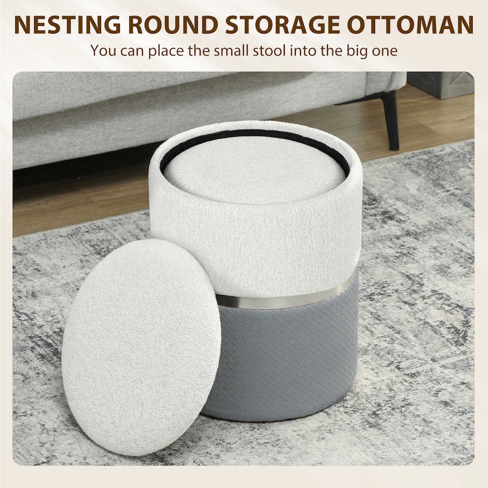 image 1 of HOMCOM Round Storage Ottoman Set of 2, Nesting Footrest Stool | Grey | Cream and grey | Φ36 x 45H cm (large), Φ31.5 x 39H cm (small)