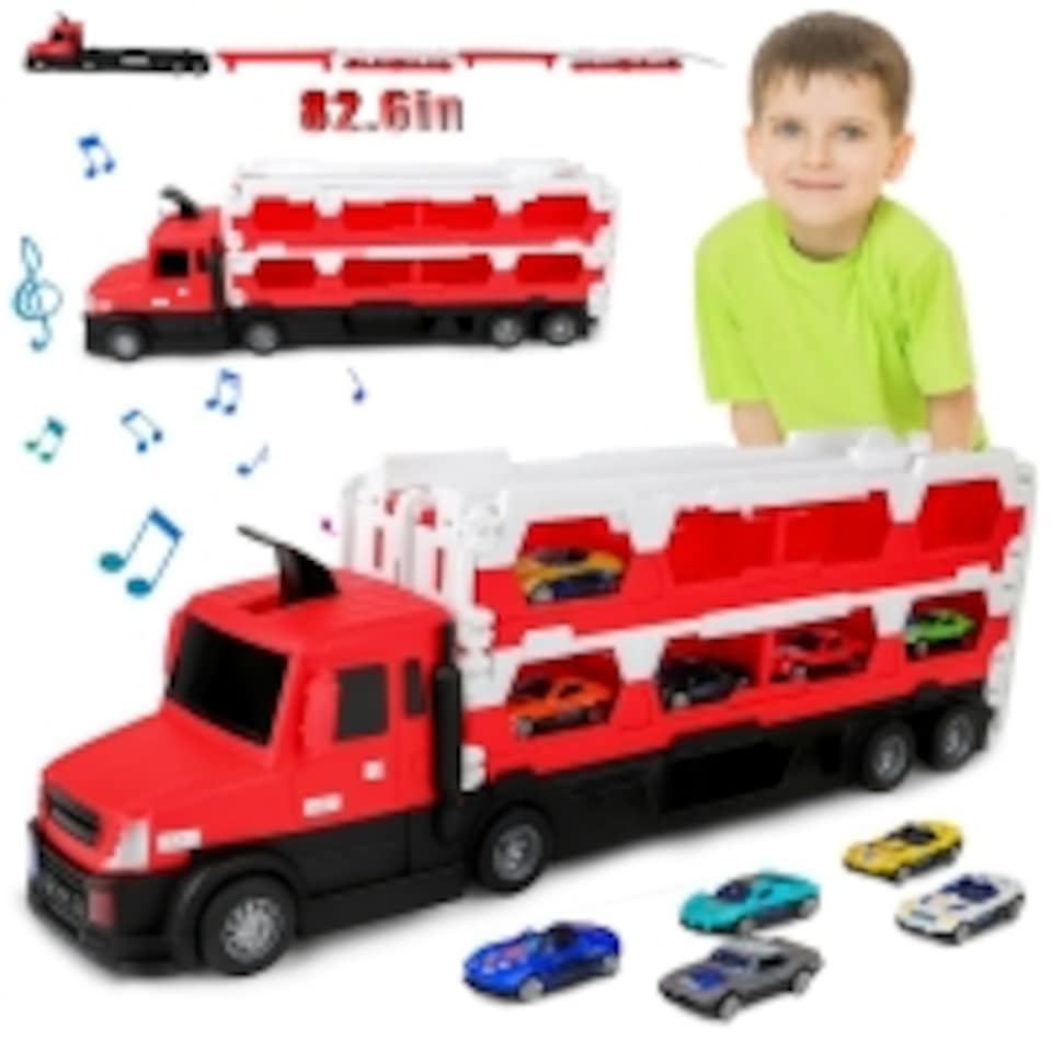 image 1 of 2-in-1 Alloy Car Transport Truck Toy Set with Foldable Catapult Race Track and 10 Mini Cars – Interactive Lights & Music