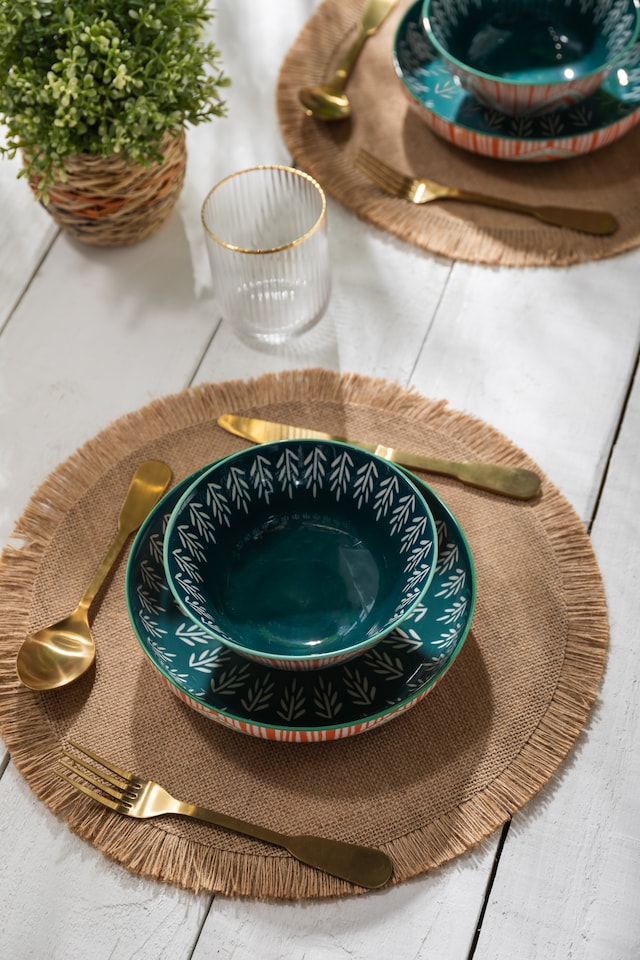 image 1 of Mikasa Set of 4 Folk Pattern 2 Toned Stoneware Pasta Bowls