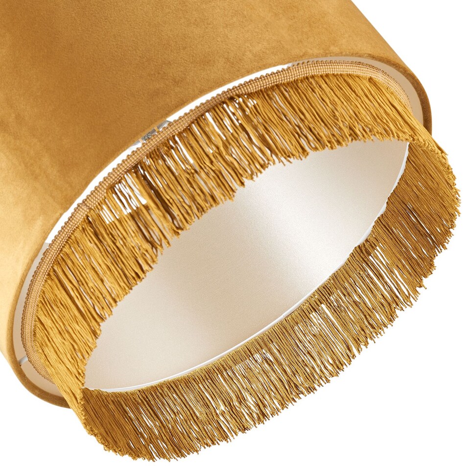 image 1 of Modern Ochre Mustard Drum 14" Pendant Shade with Tassels and Embroidered Trim | Yellow | Ochre | 1