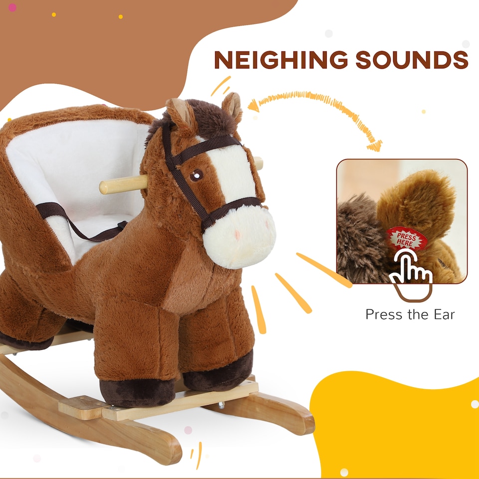 image 1 of AIYAPLAY Kids Rocking Horse, Plush, w/ Sound, Safety Belt, Wood Base, Brown