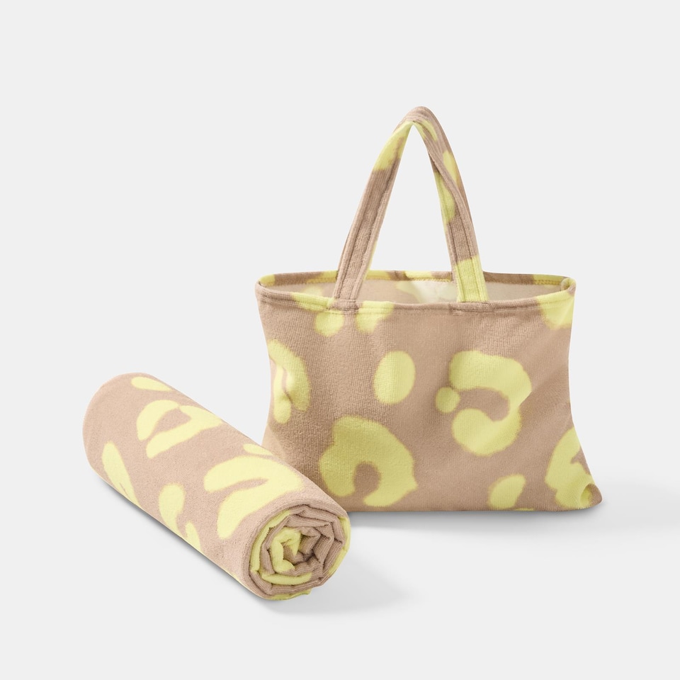image 1 of OHS Leopard Beach Towel with Bag Quick Dry Absorbent Travel Spa | Yellow | Neon | One size