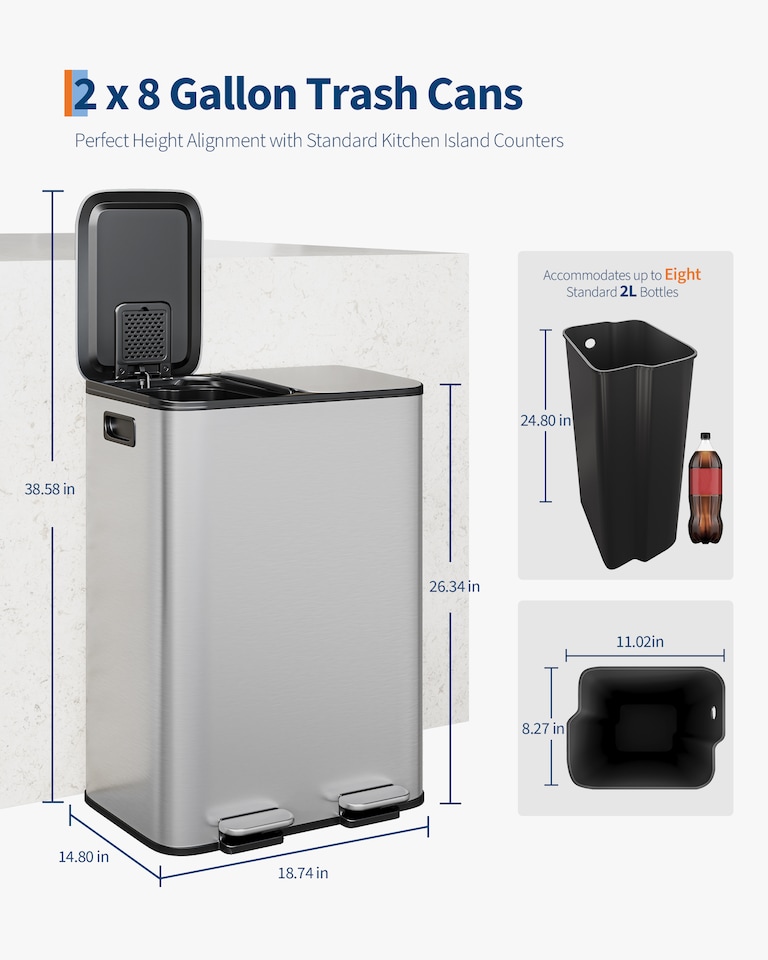 image 1 of London Boutique 2x30L Pedal Rubbish Bin w/ Soft Close Open Lid & Removable Inner Buckets (W)47cm (D)37cm (H)67cm - Silver