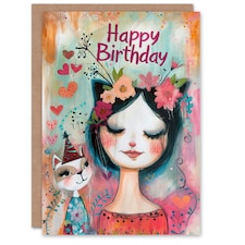 Cat Lover Lady Party Hat Cute Floral Portrait Her Birthday Card