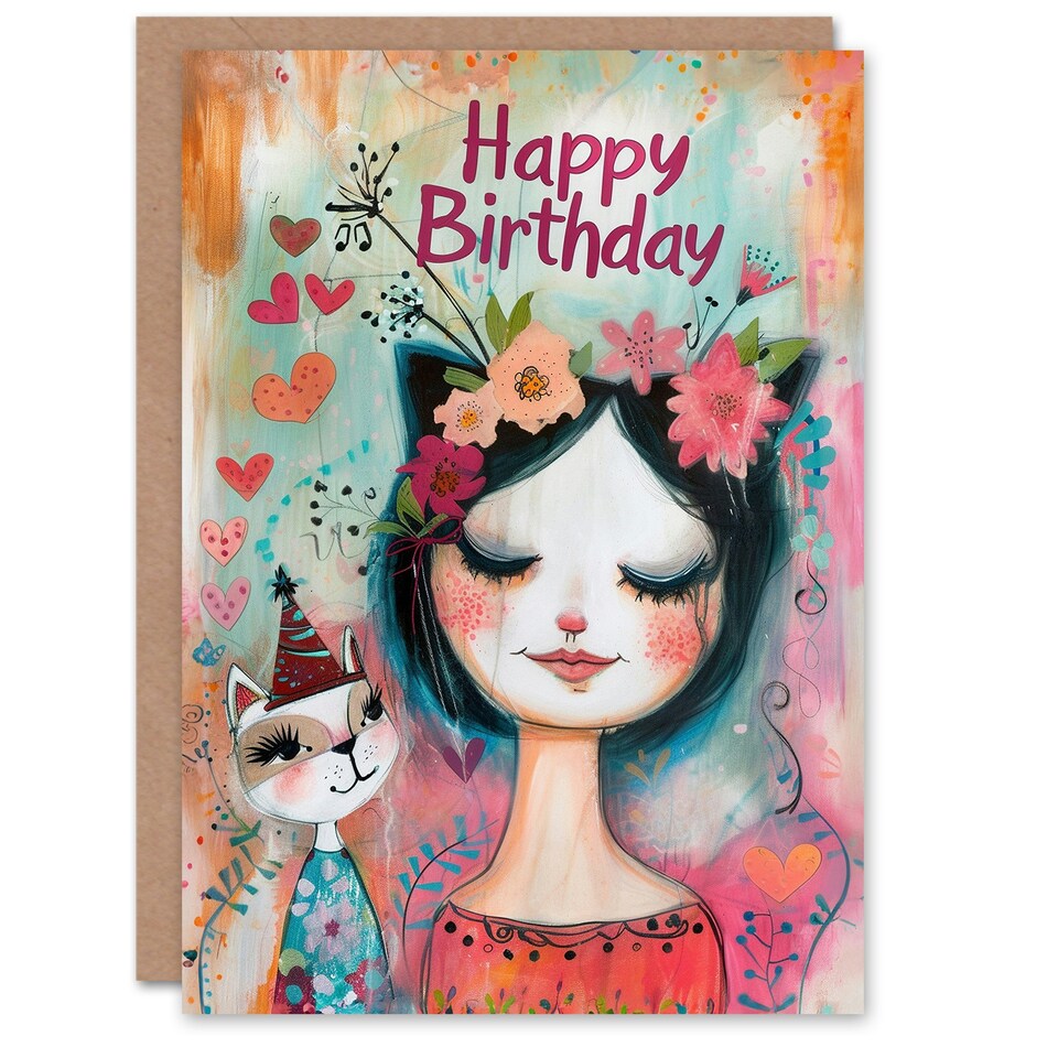 image 1 of Cat Lover Lady Party Hat Cute Floral Portrait Her Birthday Card