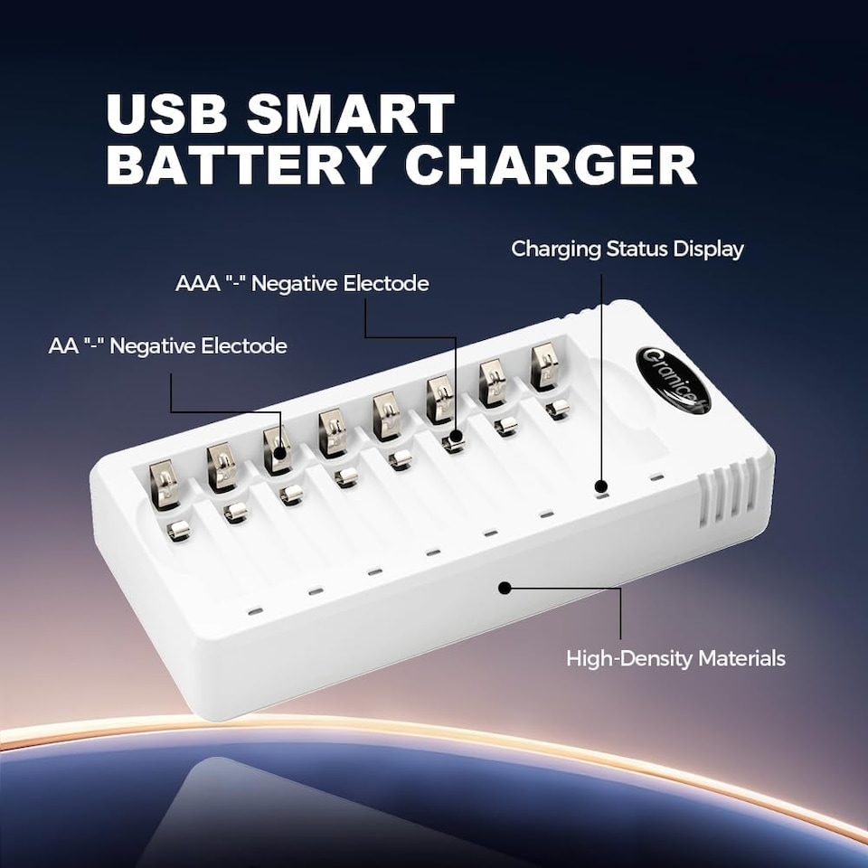 image 1 of Granicell 8 Bay AA AAA Battery Charger, USB Smart Battery Charger, Type-C Connector with LED Display, Individual Slots for Ni-MH Ni-CD Rechargeable Batteries