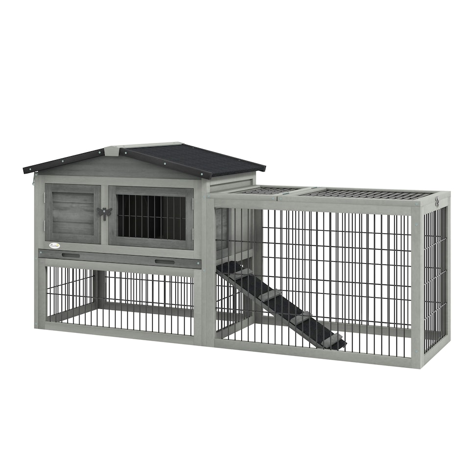 image 1 of PawHut Rabbit Hutch, Wooden Guinea Pig Hutch with Run & Tray, Grey