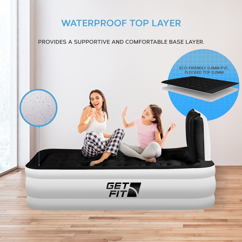 image 1 of Get Fit Air Bed With Built In Electric Pump - Premium Single Airbed - Quick Blow Up Bed With Headboard & Free Inflatable Pillow | White | White / Black | 1