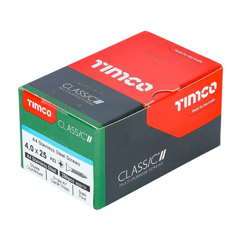 image 1 of Timco - Classic Multi-Purpose Screws - PZ - Double Countersunk - A4 Stainless Steel (Size 4.0 x 25 - 200 Pieces)