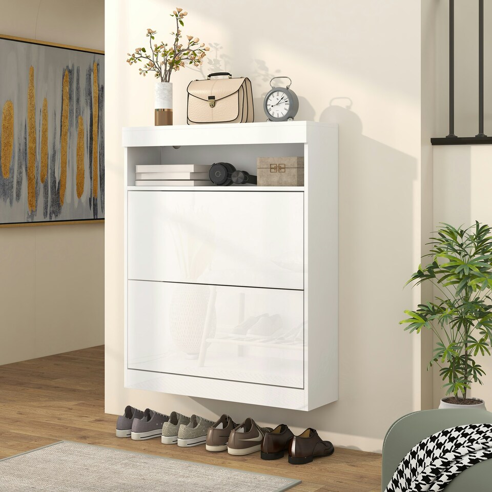 image 1 of HOMCOM Wall Mounted or Freestanding Shoe Cabinet with 2 Flip Drawers, White