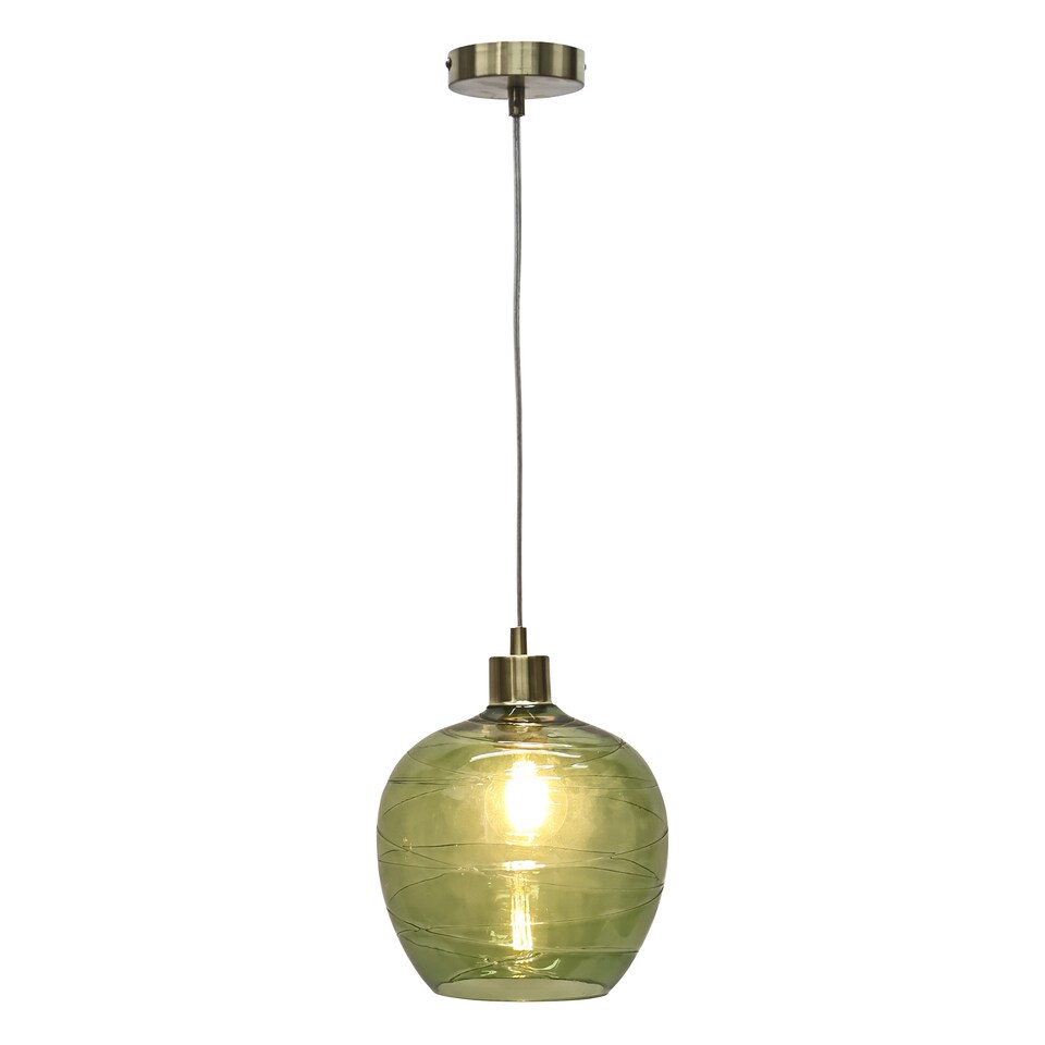 image 1 of Set of 2 Leah - Green Ripple Glass Globe with Satin Brass Pendant Fittings