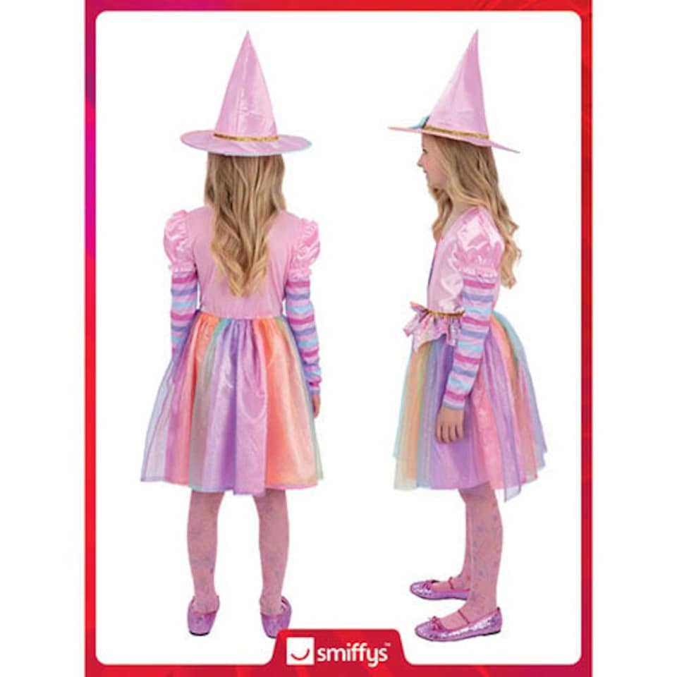 image 1 of Pastel Rainbow Witch Girls Fancy Dress Costume Kids Medium - Age 7-9