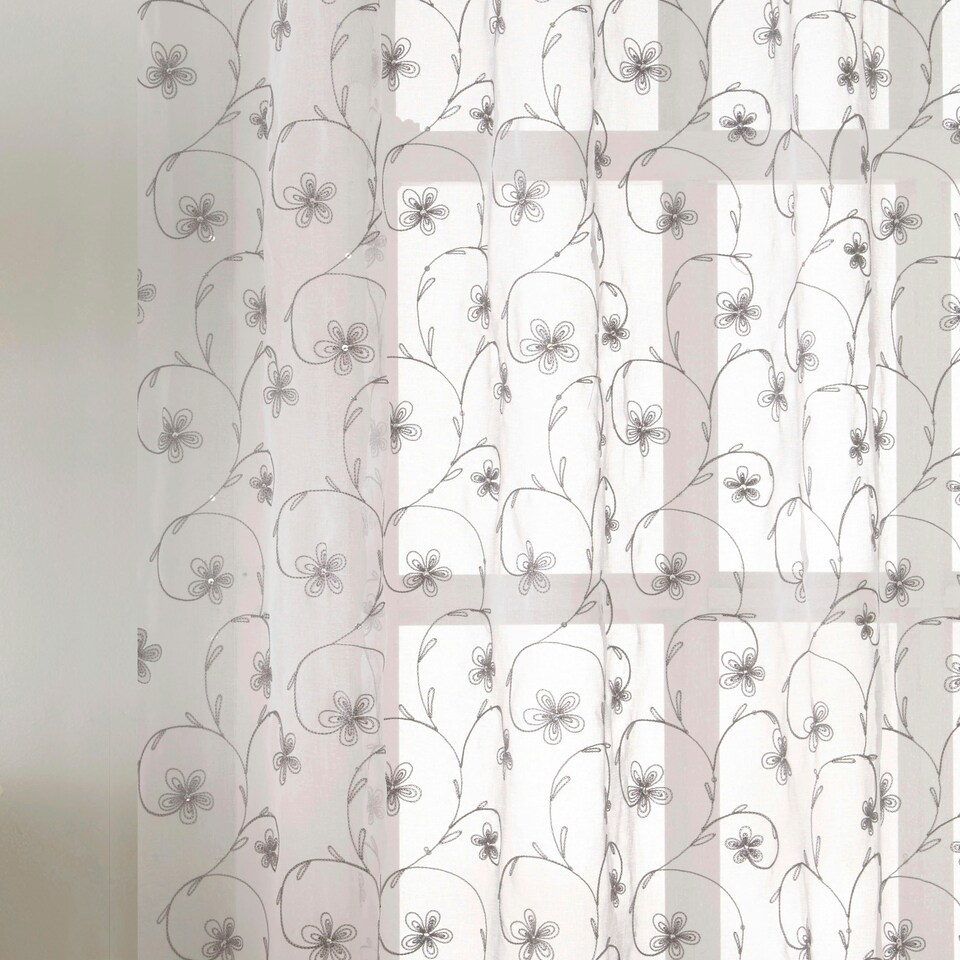 image 1 of Pair of Belle Grey Floral Embroidery Voile Panels 122 cm (48 inch) Rod Pocket Panels with Sequins for Bedroom and Living Room