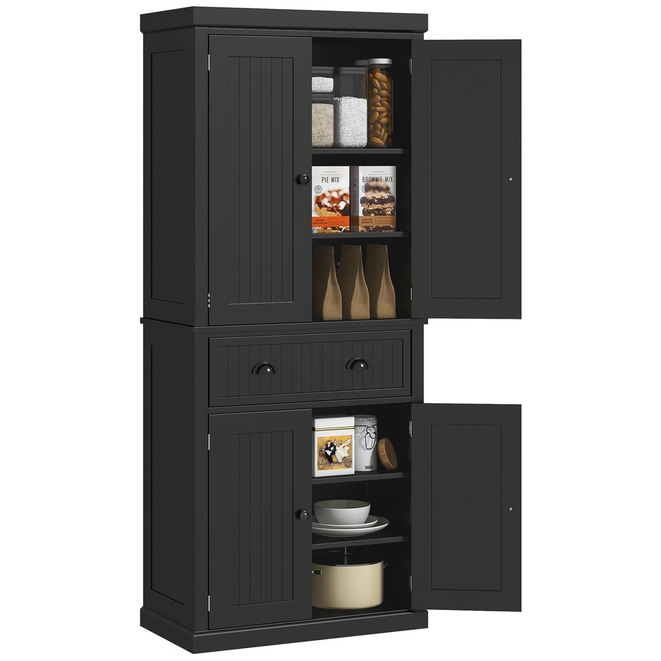 image 1 of HOMCOM 183cm Freestanding Kitchen Cupboard, Tall Storage Cabinet with 4 Doors and 3 Adjustable Shelves, Traditional Kitchen Pantry Cupboard for Dining Room, Black