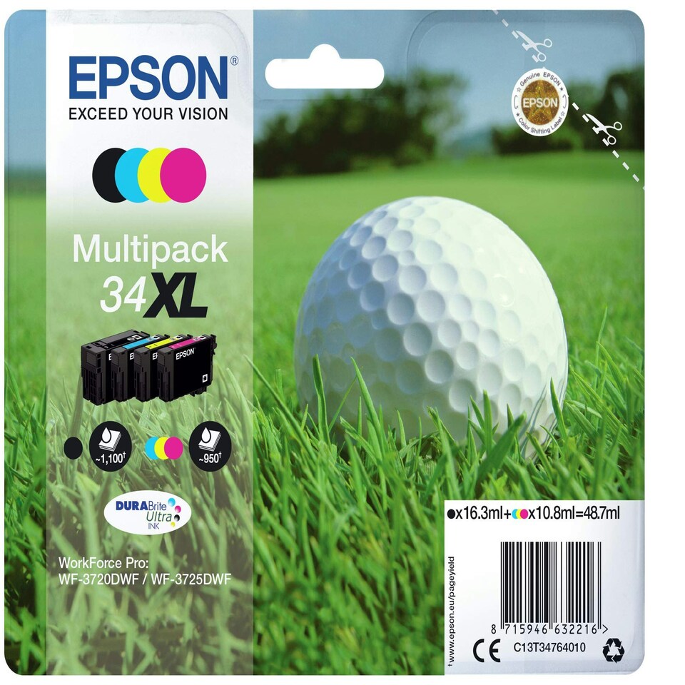 image 1 of Epson 34XL Golfball Genuine High Yield Multipack, 4-colours DURABrite Ultra Ink Cartridges, Black/Yellow/Magenta/Cyan, XL High Capacity