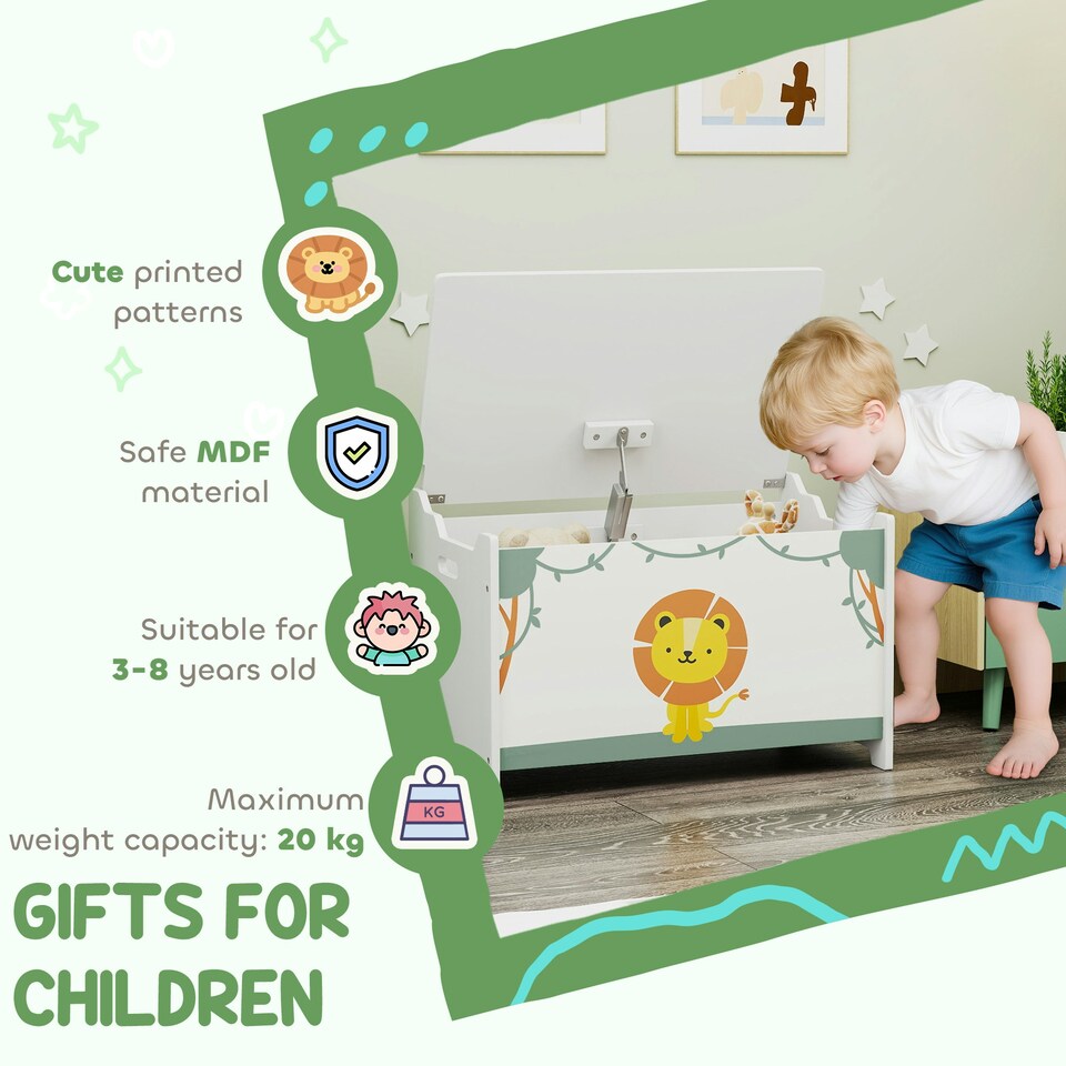 image 1 of AIYAPLAY Toy Box with Lid, Safety Hinges for Kids, Nursery, Bedroom Green | White | 60L x 37W x 39Hcm