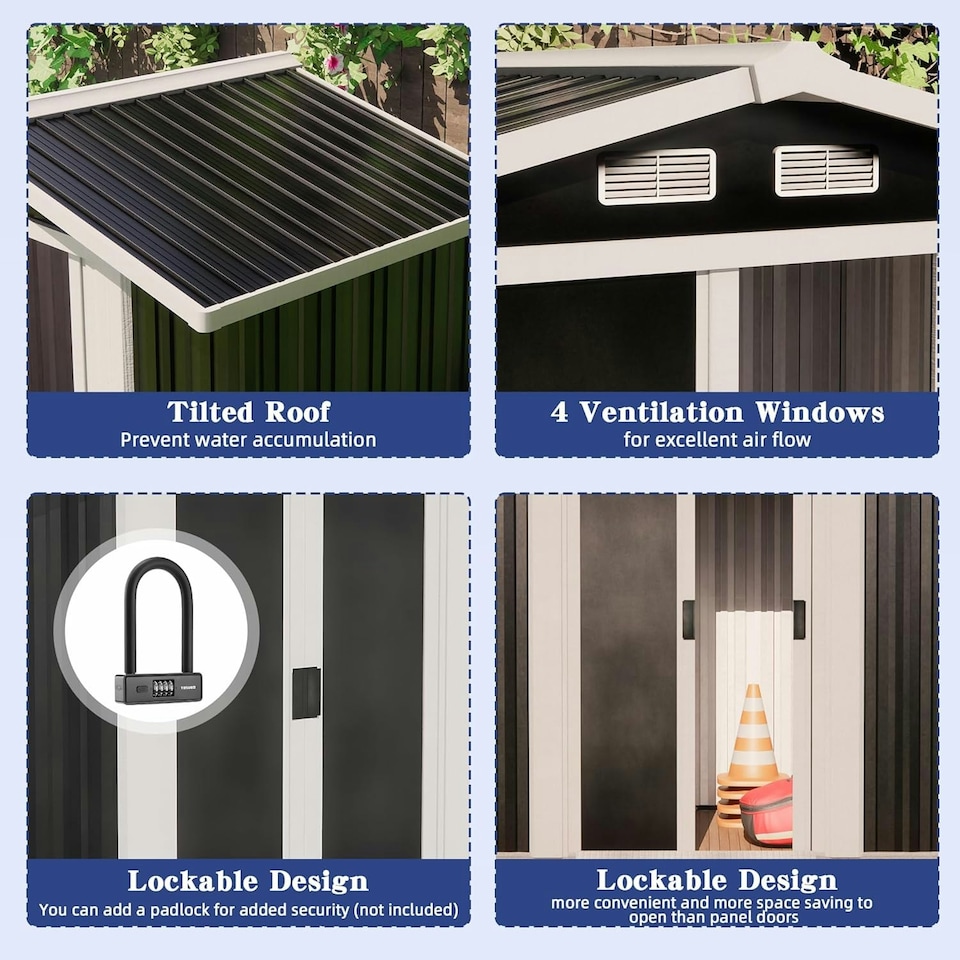 image 1 of Alivio Metal Garden Storage Shed With Weather Protection and Double Sliding Lockable Doors (Black) Black