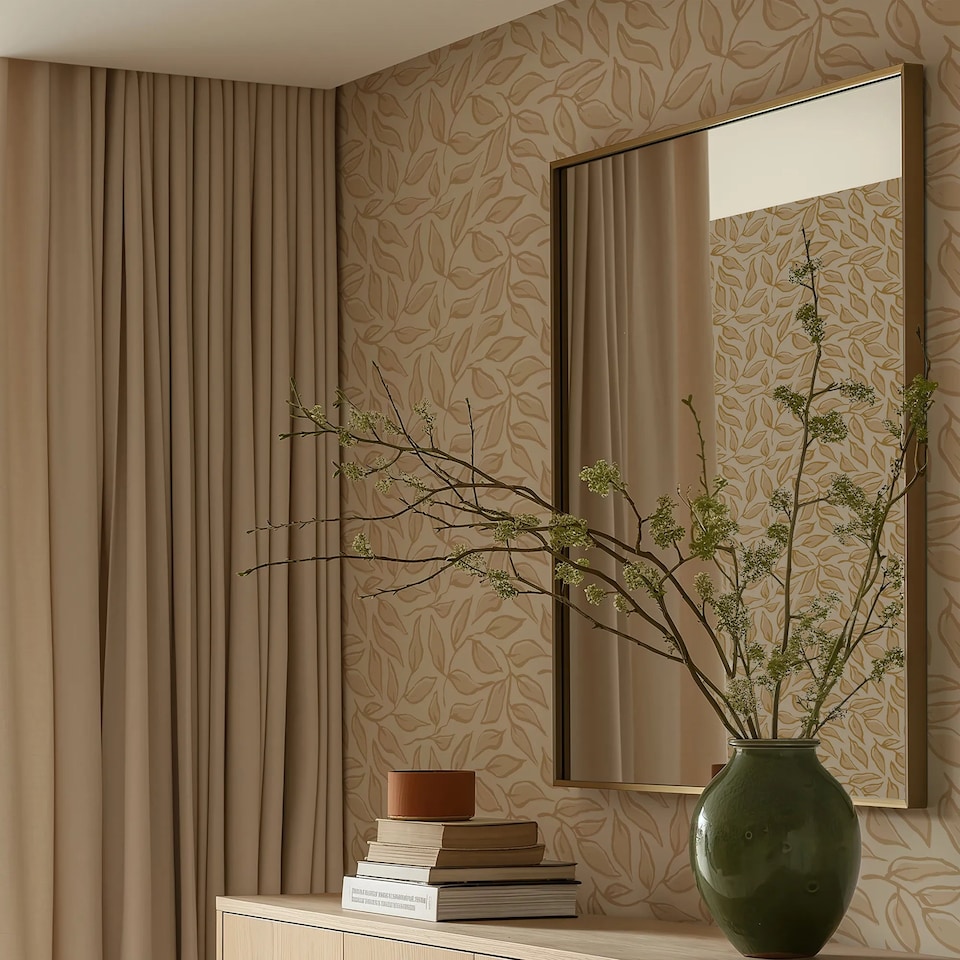 image 1 of Scattered Leaf Wallpaper in Caramel Latte | Brown | Caramel Latte | 50cm x 10m