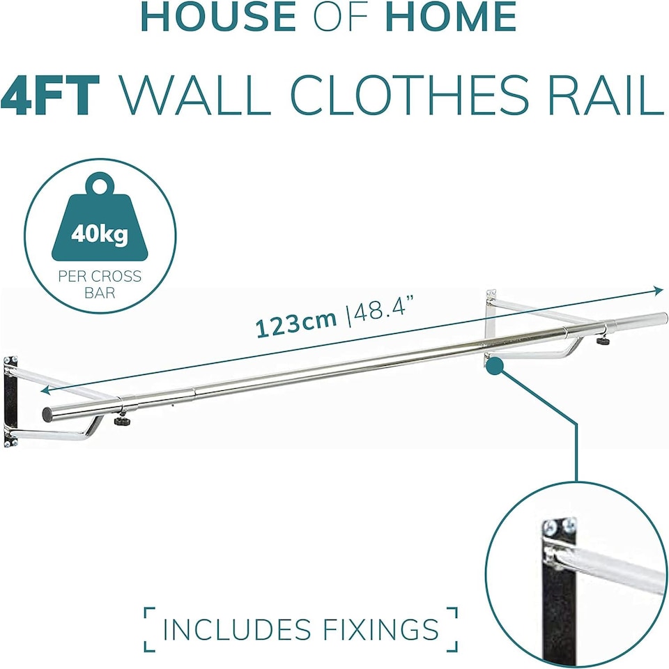 image 1 of House of Home 4ft Clothes Rail Black Wall Mounted Garment Hanging Wardrobe Rack Storage