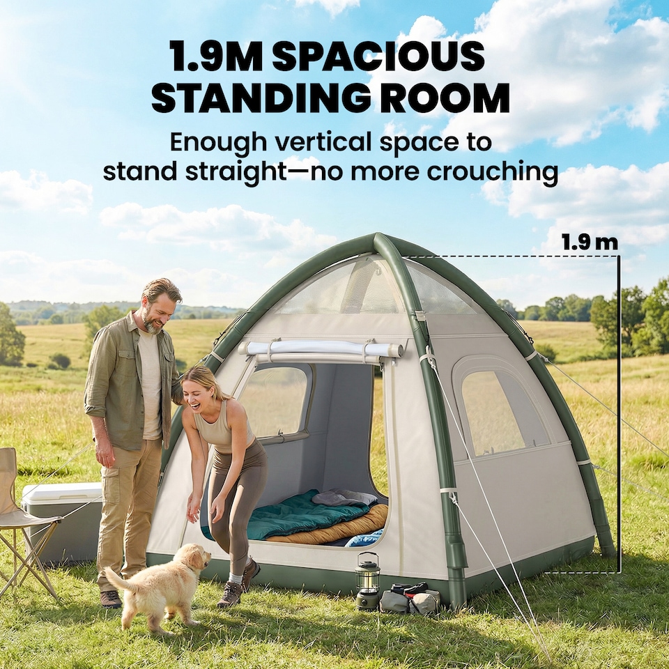 image 1 of Outsunny 3 Man Inflatable Camping Tent w/ 3000mm Waterproof Rainfly | Brown | Beige | 220 x 220 x 200 cm
