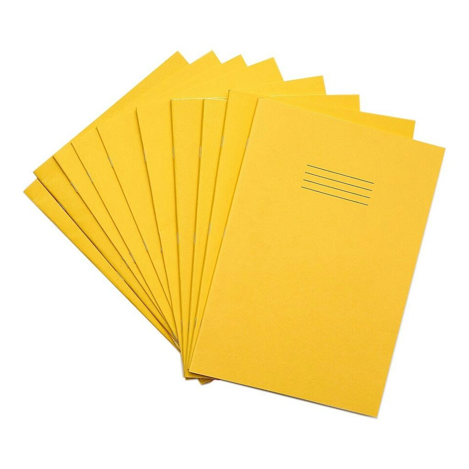 image 1 of Pack of 10 Rhino A4 48 Page Yellow with Green Tinted Paper 8mm Lined with Margin Exercise Books