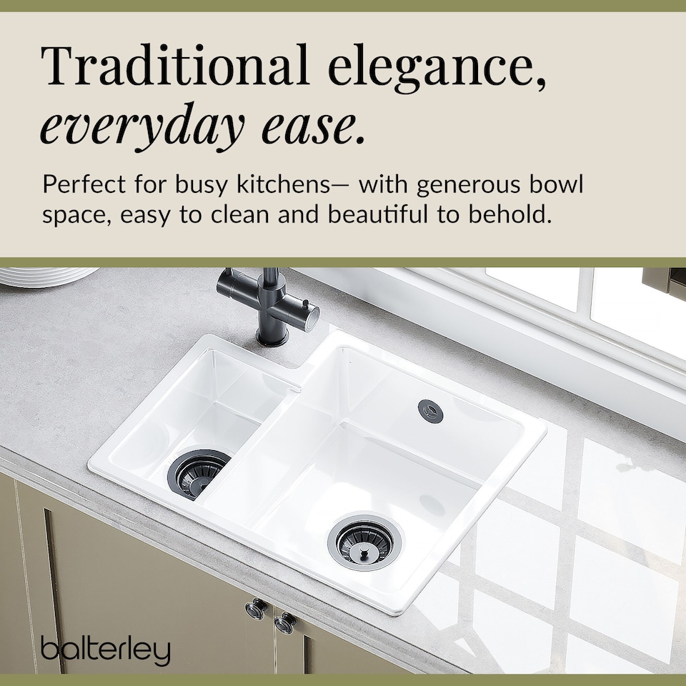 image 1 of Balterley Fireclay 1.5 Bowl Right Hand Undermount Kitchen Sink & Overflow | White | White | 1