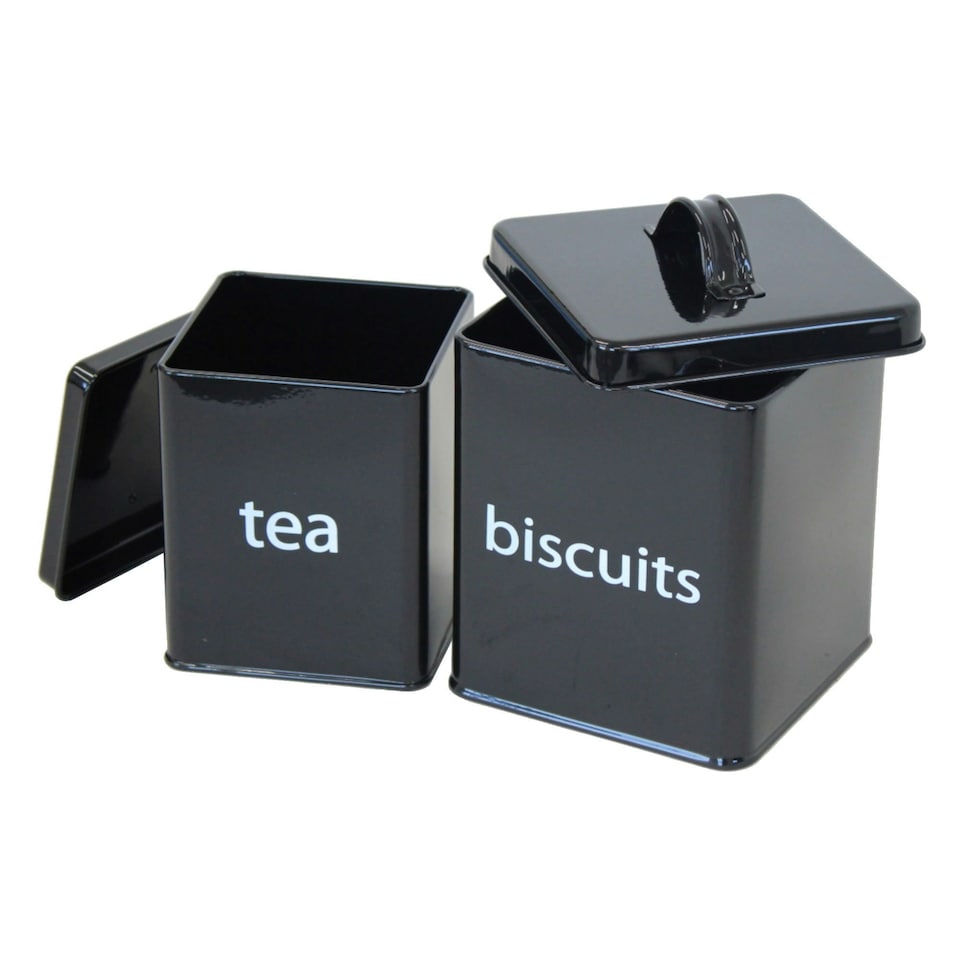 image 1 of Oypla 5 Piece Black Kitchen Canister Storage Tin Set Bread Biscuits Tea Sugar Coffee Black