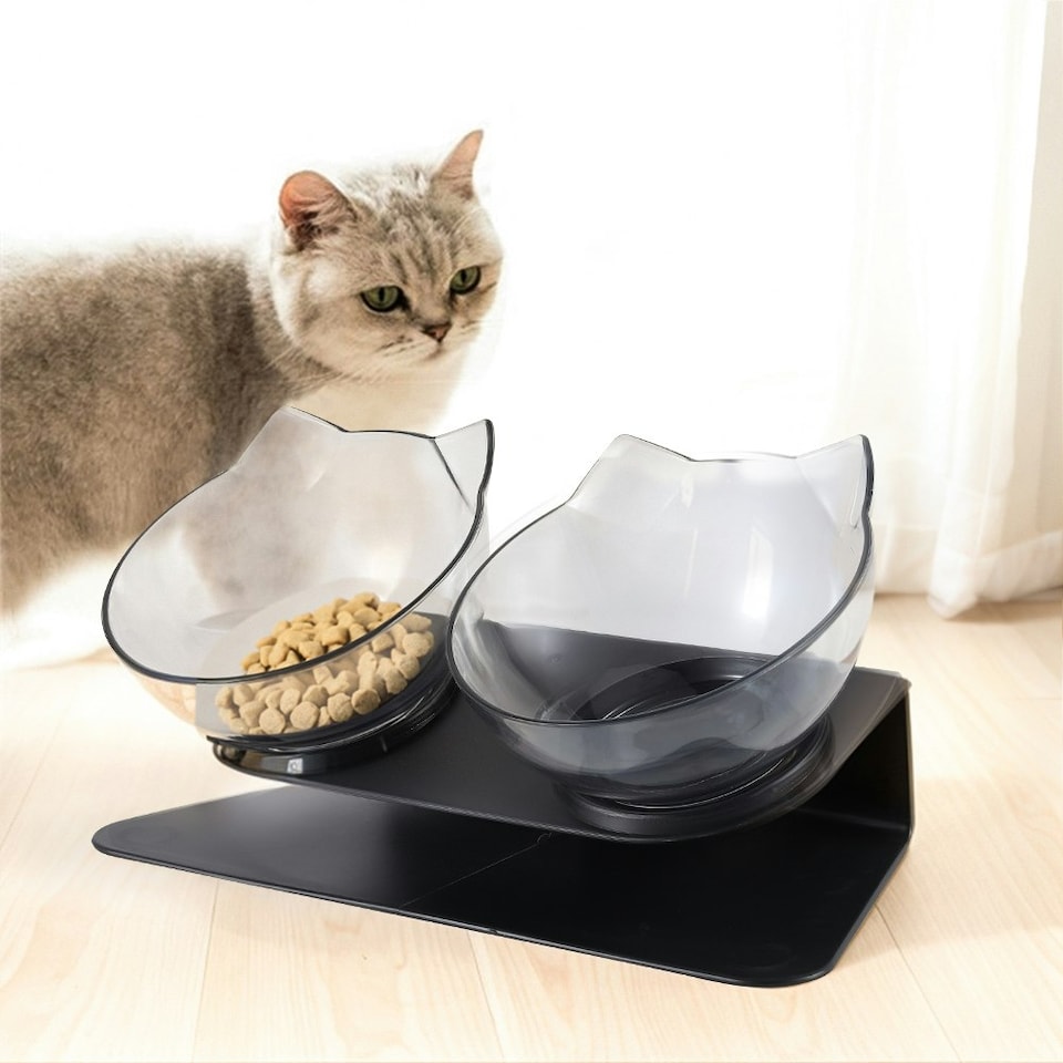 image 1 of Living and Home 15° Tilted Elevated Feeder with Double Cat Bowls, Transparent | Multi
