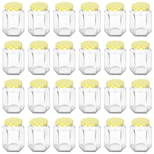 Argon Tableware Hexagonal Glass Jam Jars with Yellow Gingham Lids - 250ml - Pack of 24