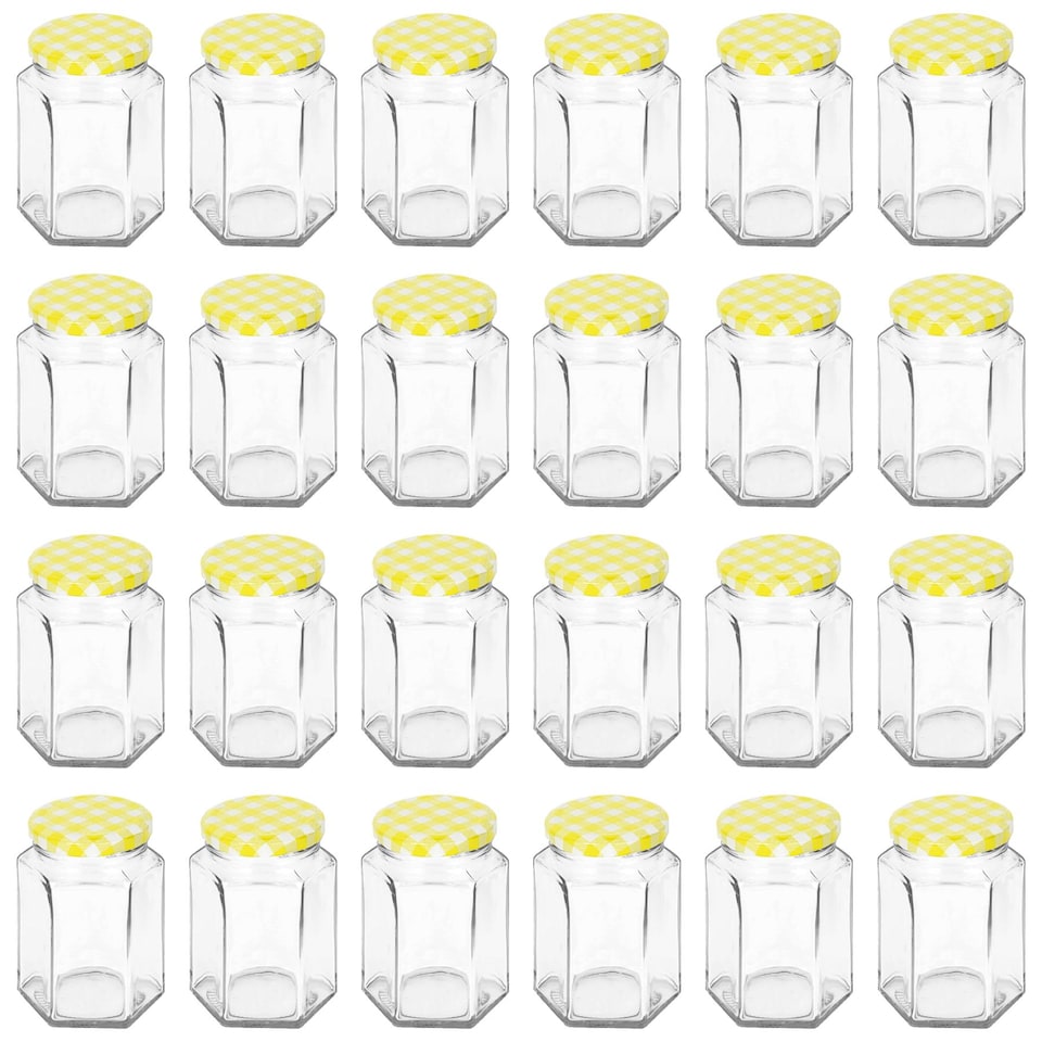 image 1 of Argon Tableware Hexagonal Glass Jam Jars with Yellow Gingham Lids - 250ml - Pack of 24