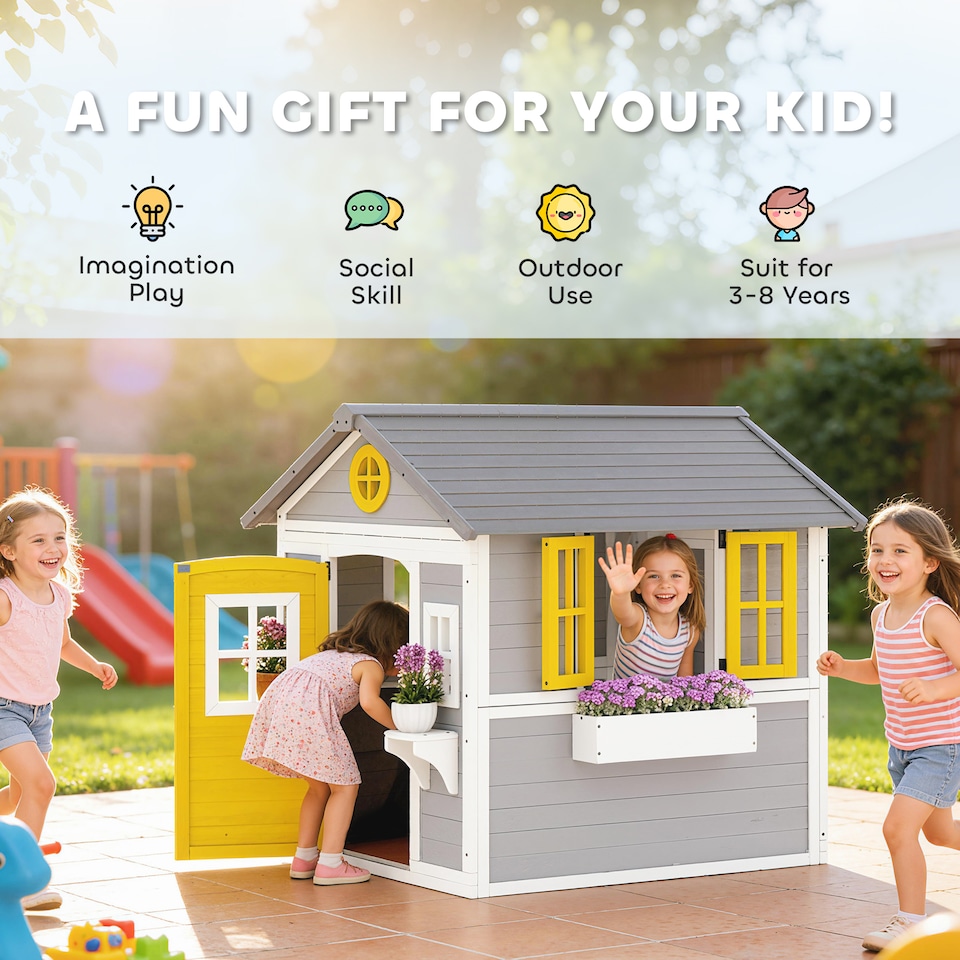 image 1 of Outsunny Wooden Playhouse with Doors, Windows, Plant Pots for Kids - Grey