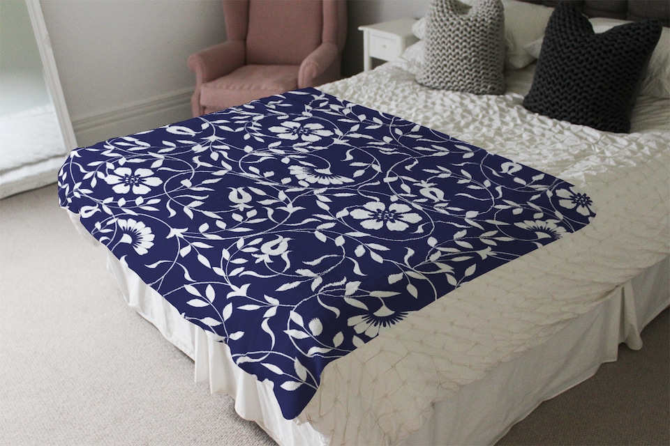 image 1 of White Flowers On Navy Blanket | Multi