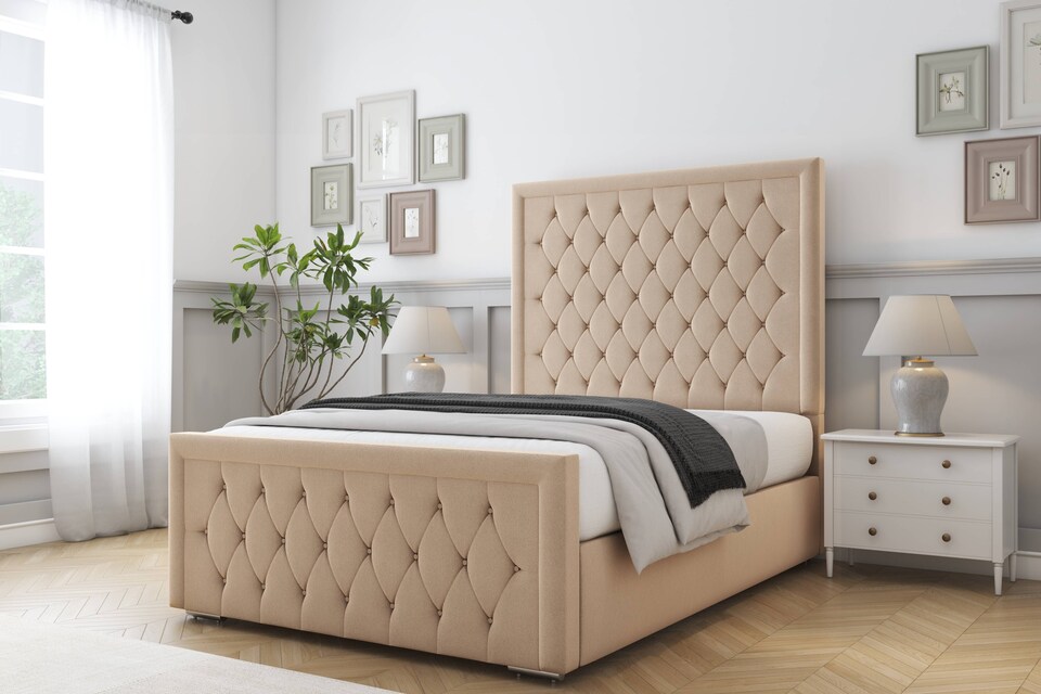 image 1 of Sloomy Monroe Pebble Plush Bed Frame With Mattress With 50" Upholstered Headboard 5' King