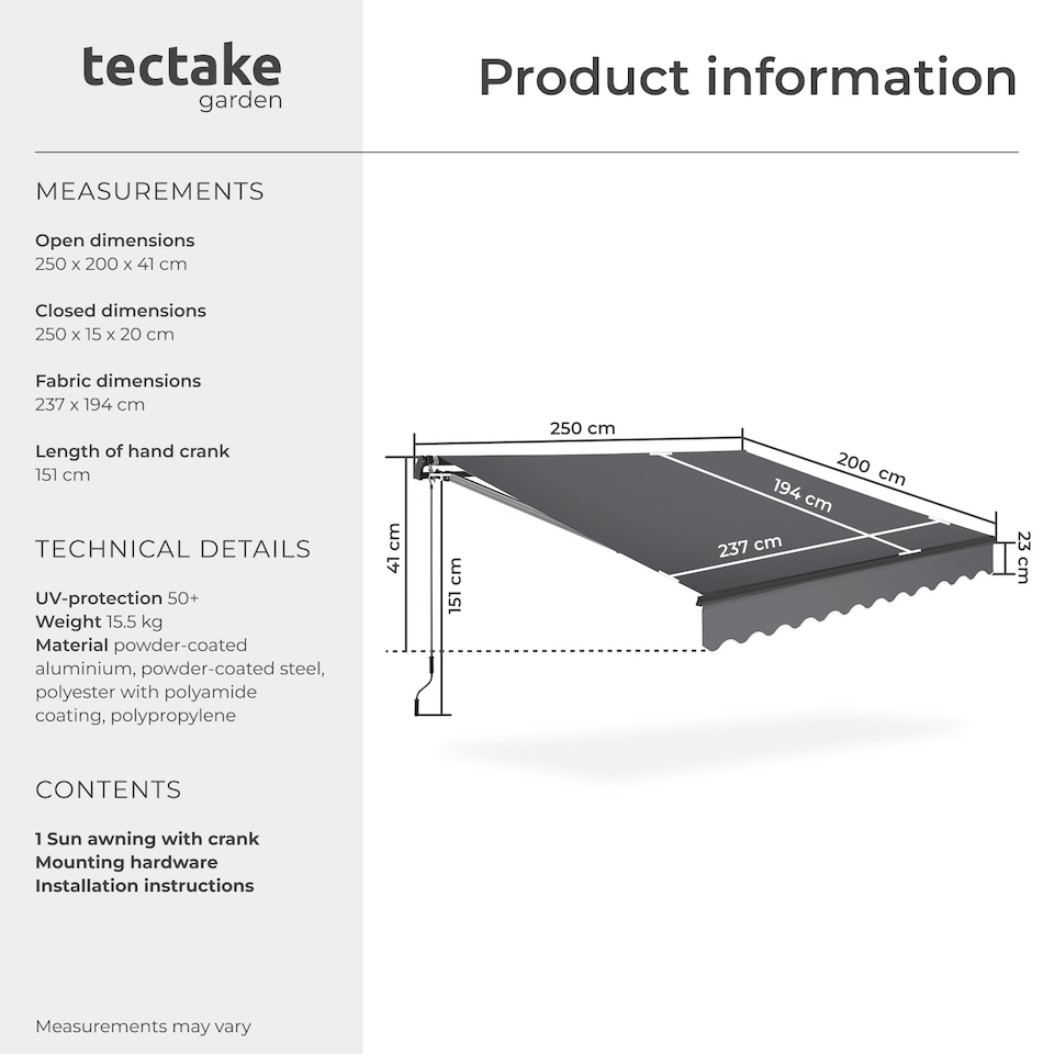 image 1 of Retractable Awning Ornella - wall bracket incl, easy adjustment, and UV blocking | Grey | dark grey | 250 x 200 cm | 1