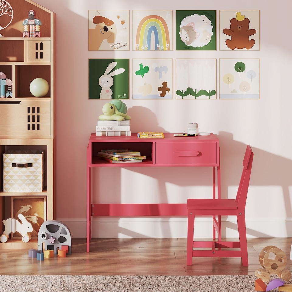 image 1 of COSTWAY Kids Desk and Chair Set with Drawer Pink