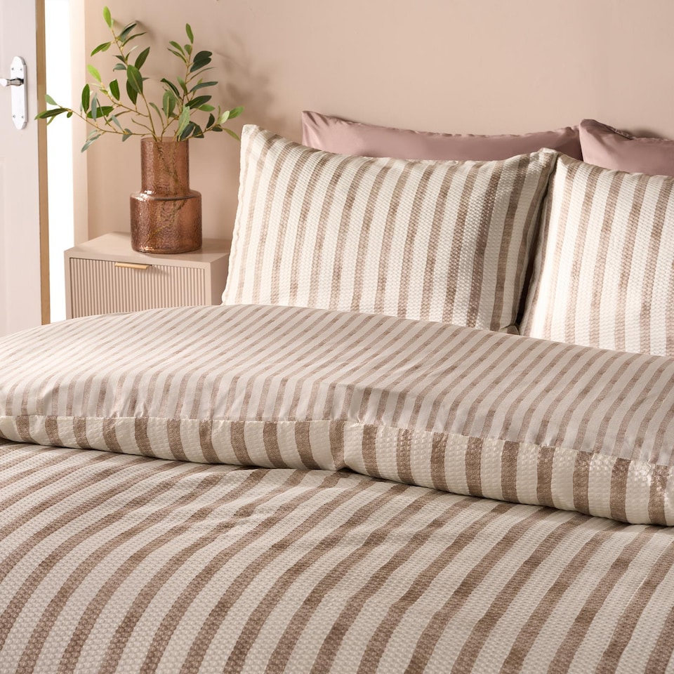 image 1 of OHS Watercolour Stripe Embossed Bedding Set Duvet Cover with Pillowcase | Brown | Stone | Super King