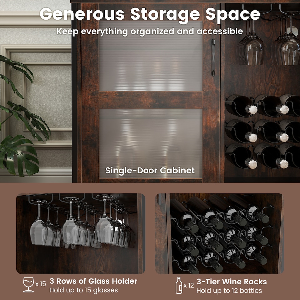 image 1 of COSTWAY Wine Bar Cabinet Liquor Buffet Sideboard with Wheels Brown