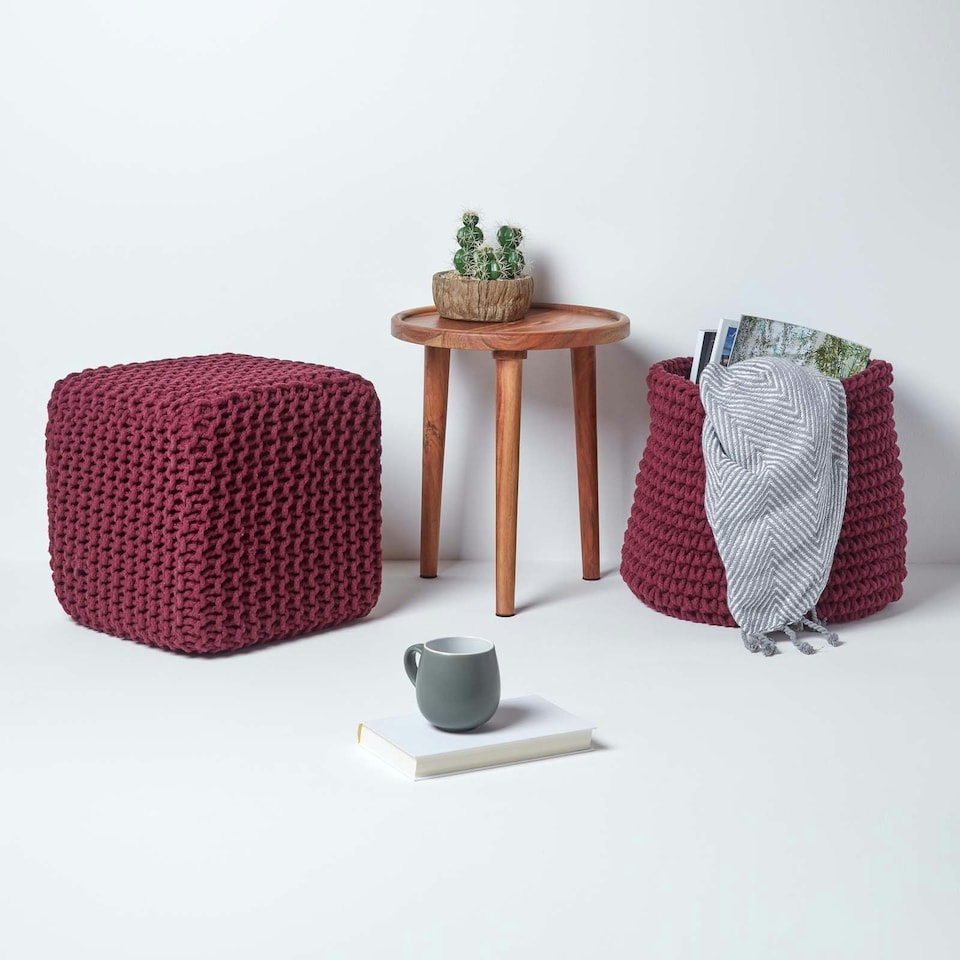 image 1 of Homescapes Plum Cube Cotton Knitted Pouffe Footstool