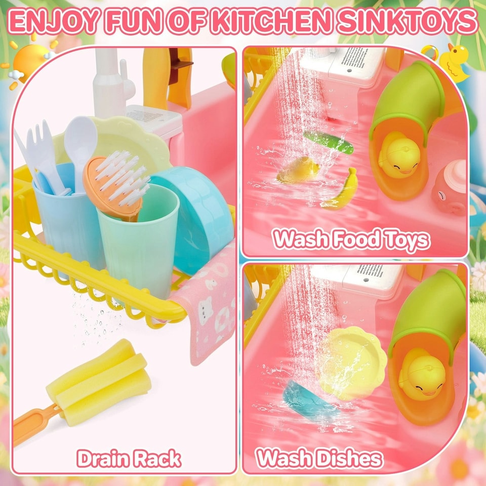 image 1 of Pretend Play Kitchen Sink with Real Running Water 4-in-1 Water Play Table (Pink)