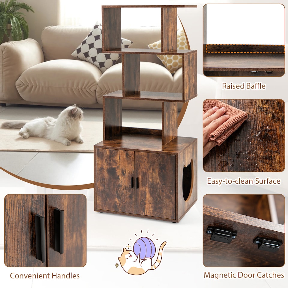 image 1 of COSTWAY Cat Litter Box Enclosure 142cm Tall Hidden Cat Washroom Furniture-Brown
