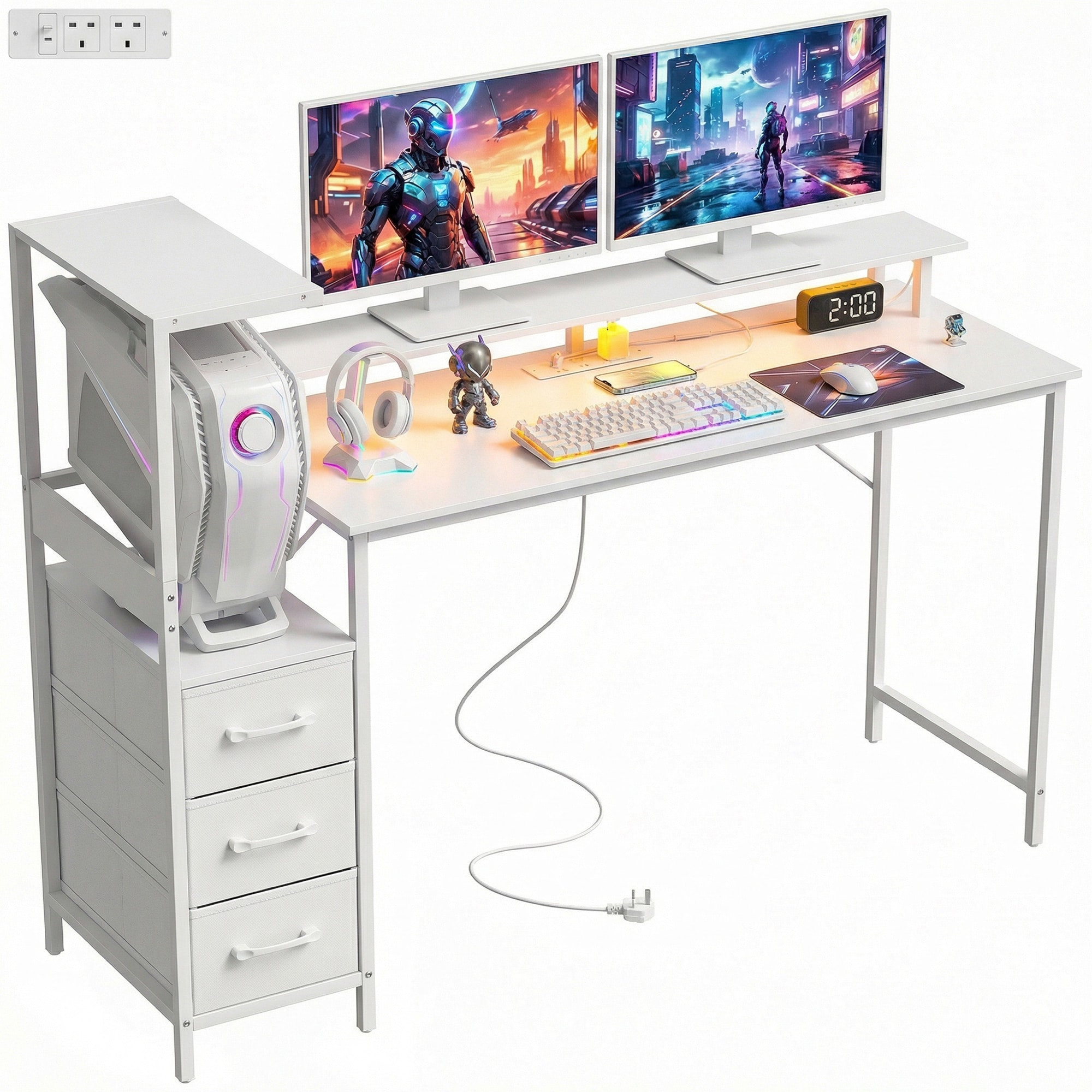 HOMCOM 147cm Gaming Desk with Charging Station and RGB Lights, White | White | White | 147 x 47 x 110-130 cm