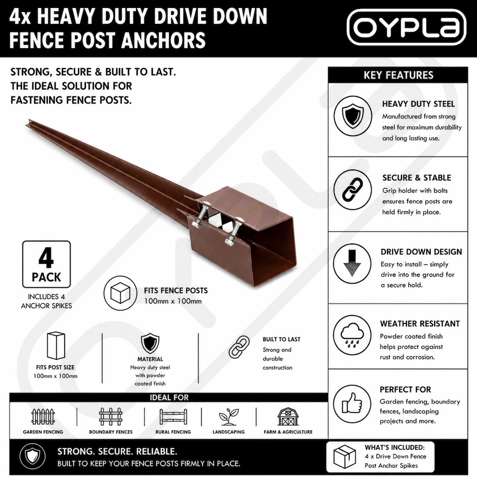 image 1 of 4x Heavy Duty Drive Down Fence Post Anchor Spike Grip Holder - 100 x 750mm | Brown | 4