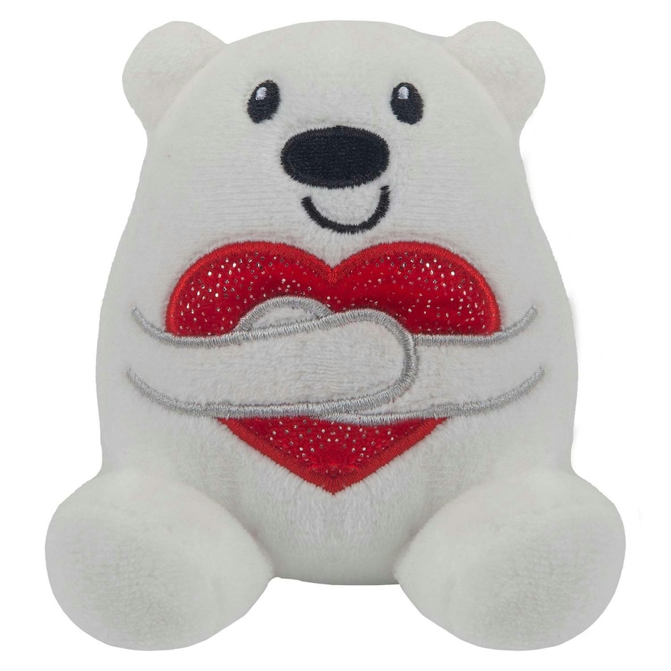 image 1 of Valentines Love Bear Soft Toy Hugging Shiny Heart Cute Plush Cuddly 10cm White