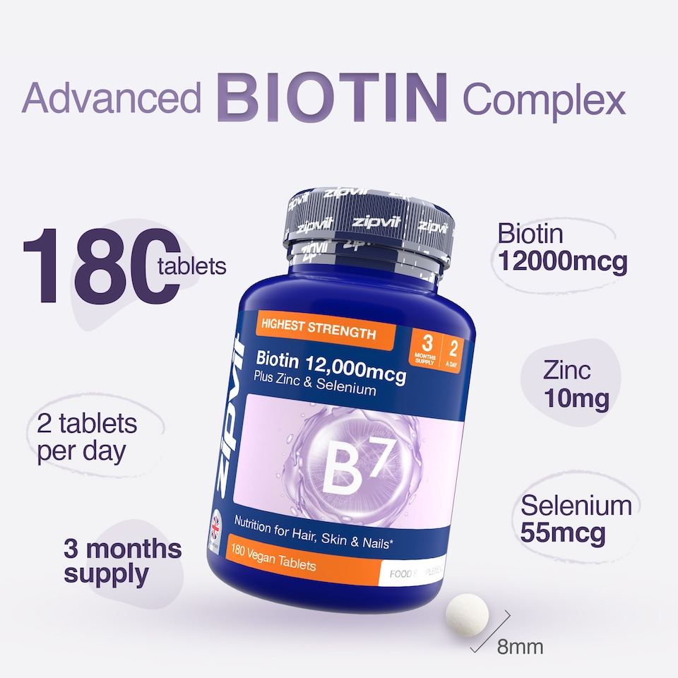image 1 of Zipvit Biotin 12,000mcg with Zinc & Selenium, Hair, Skin & Nail Support, 180 Vegan Tablets, 3-Month Supply