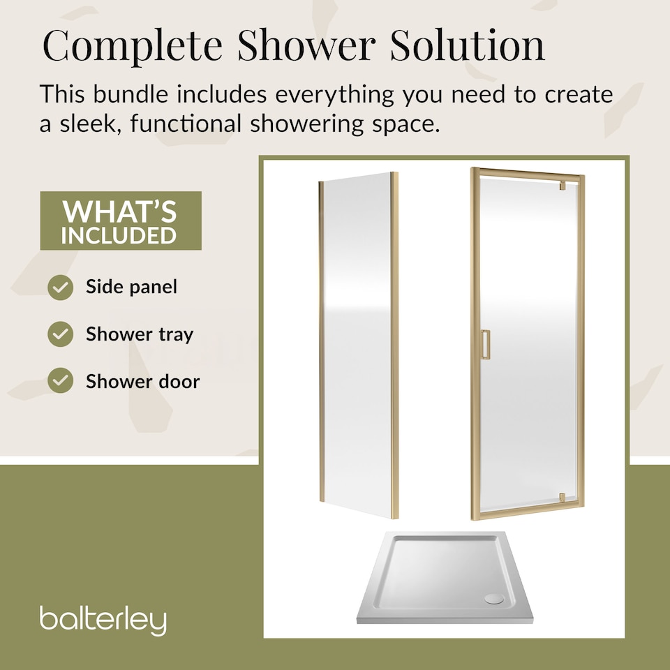 image 1 of Ruwa Pivot Suite & 6mm Glass 800x800mm Tray, Door & Side Panel Brass | Copper | Brushed Brass | 3